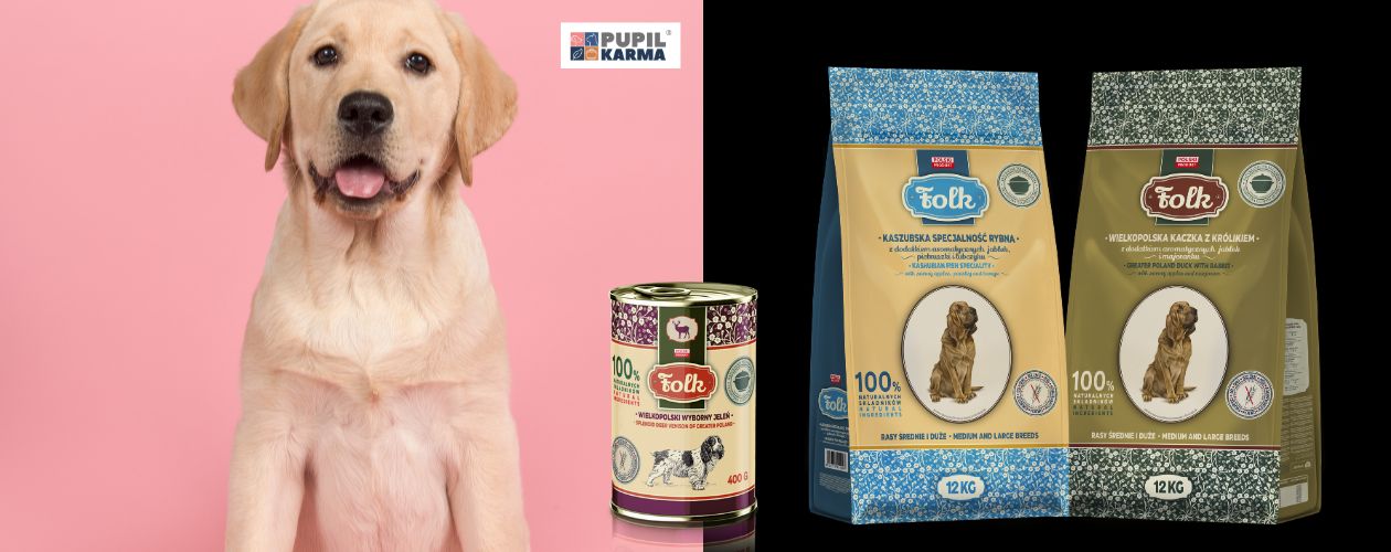 Karma wysokiej jakości. Po lewej na różowym tle labrador, po prawej na czarnym tle produkty marki FOLK. Na środku logo pupilkarma. 
